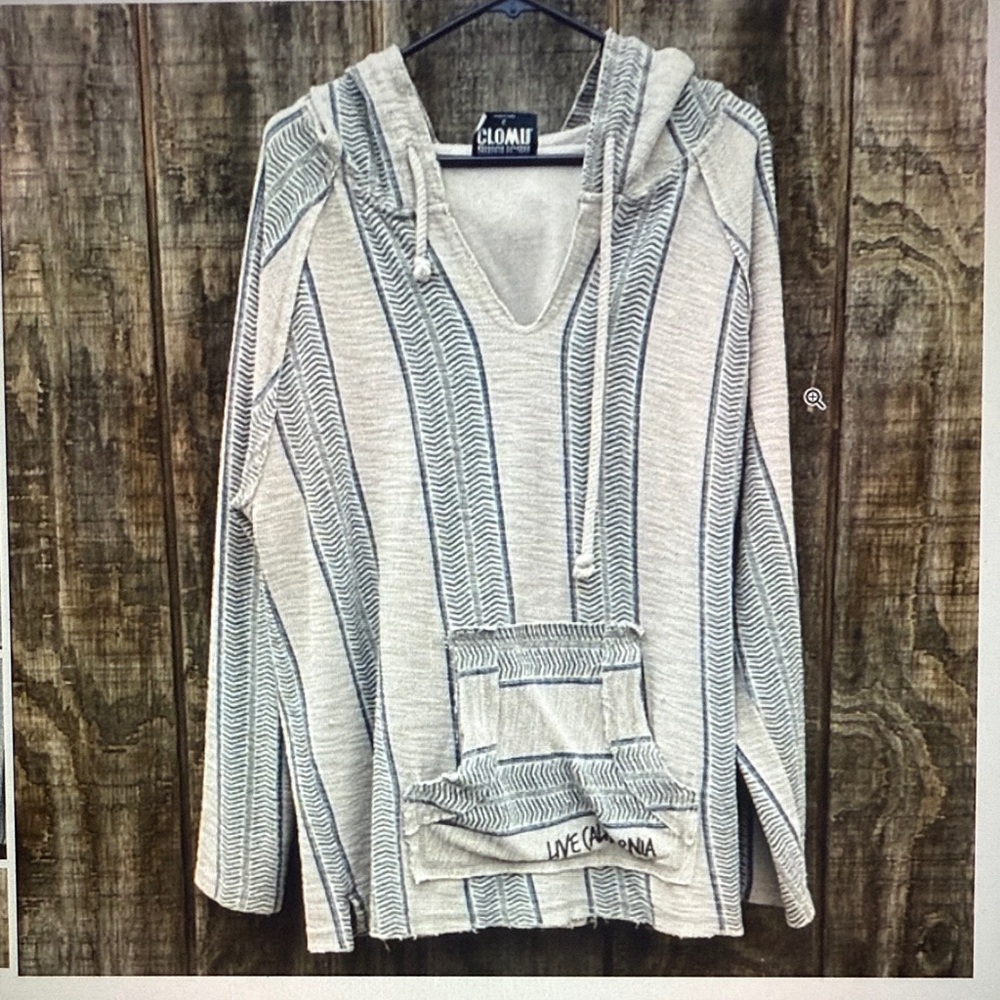 Live California Men's V-Neck Hooded Baja Sweater - Cream with Gray Stripes